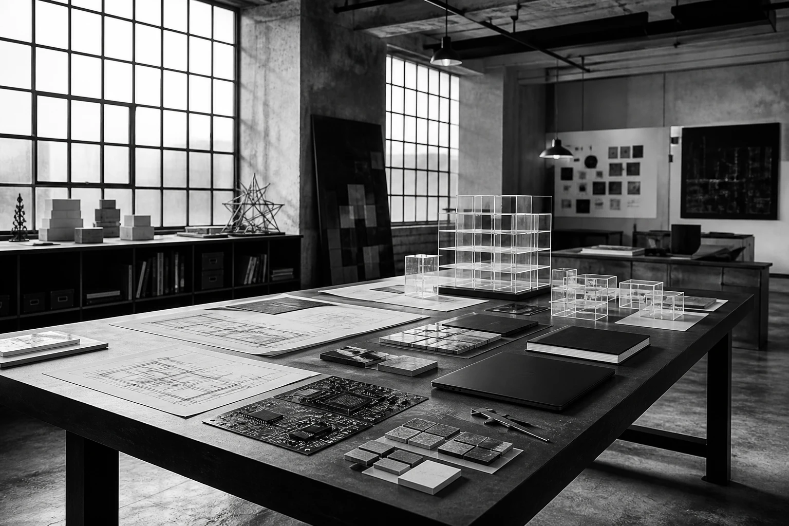 Estudio estratégico con planos, prototipos y tecnología sobre una mesa de trabajo